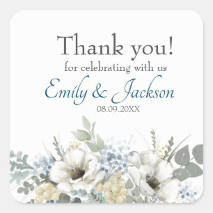 Elegant White and Blue Wedding Thank You  Square Sticker