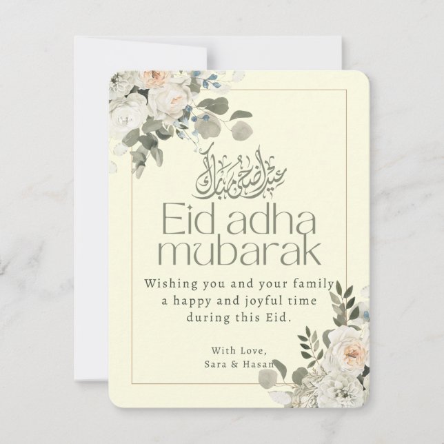 Elegant White and Blush Floral Eid Adha Mubarak Holiday Card (Front)