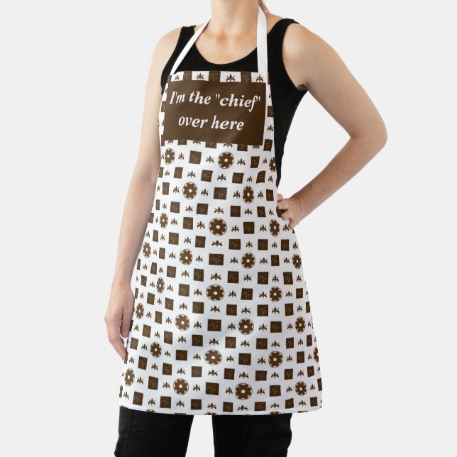 Elegant White and Brown Chequered Pattern Apron (Insitu)