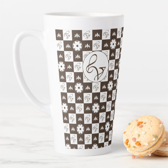 Elegant White and Brown Chequered Pattern Latte Mug (In Situ)