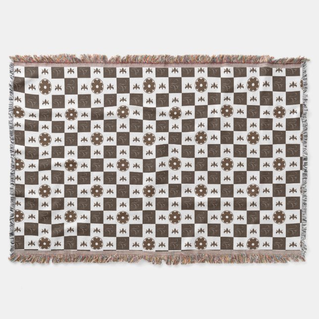 Elegant White and Brown Chequered Pattern Throw Blanket (Front)