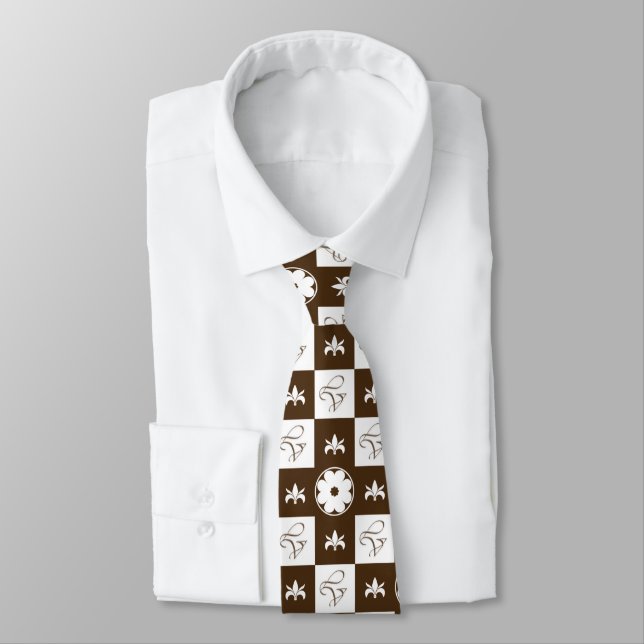 Elegant White and Brown Chequered Pattern Tie (Tied)