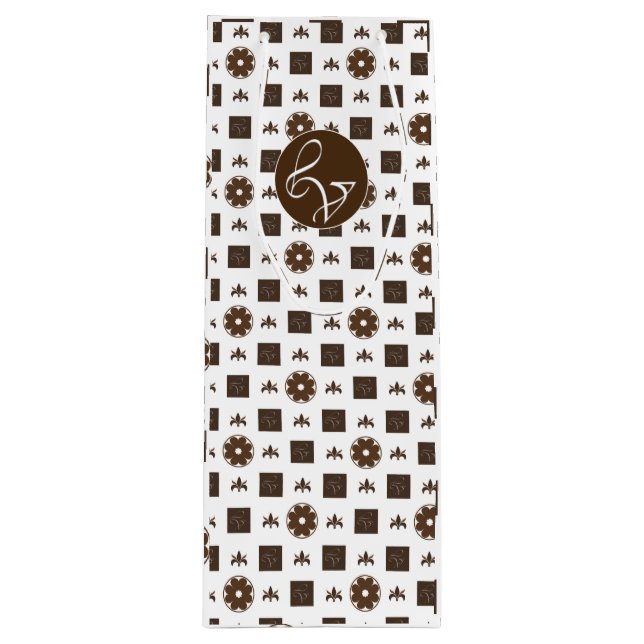 Elegant White and Brown Chequered Pattern Wine Gift Bag (Front)
