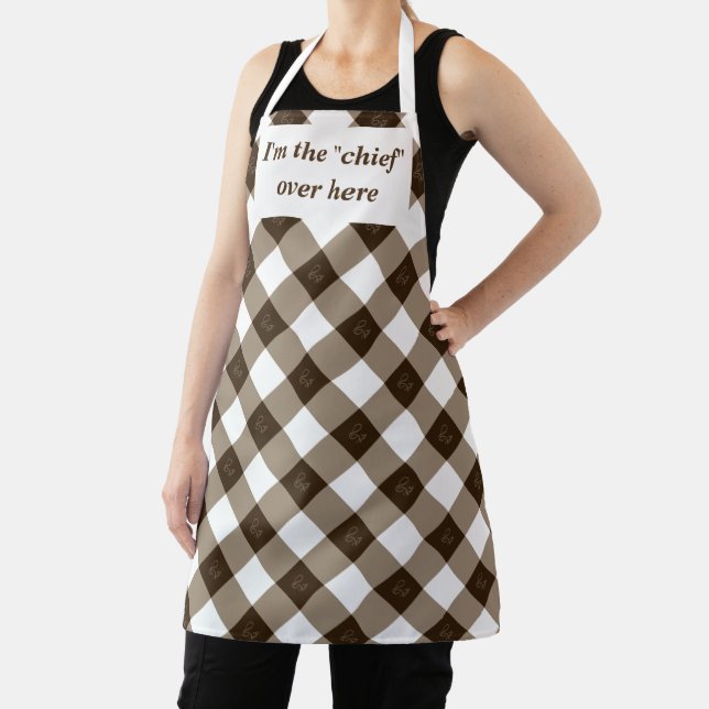 Elegant White and Brown Diamond Pattern Apron (Insitu)