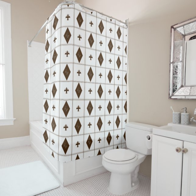 Elegant White and Brown Diamond Pattern Shower Curtain (In Situ)