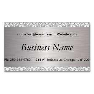 Elegant White and Brush Silver Steel Damask Magnetic Business Card