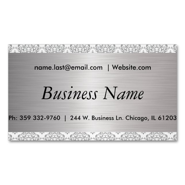 Elegant White and Brush Silver Steel Damask Magnetic Business Card (Front)