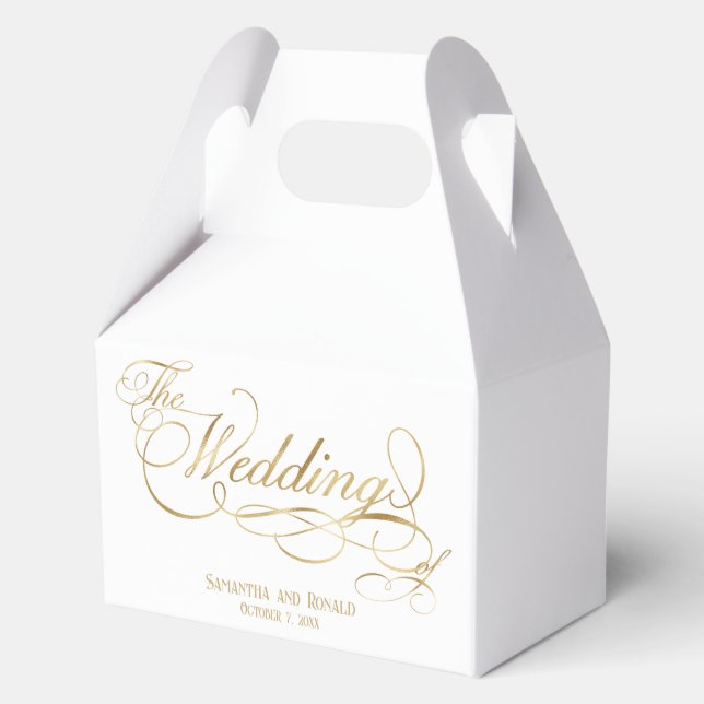 Elegant White and Faux Gold Calligraphy Wedding Favour Box (Front)