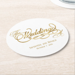 Elegant White and Faux Gold Calligraphy Wedding Round Paper Coaster