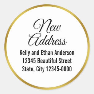 Elegant White and Faux Gold New Address Classic Round Sticker
