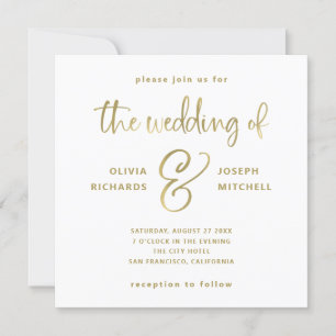 Elegant White and Faux Gold Wedding Invitation