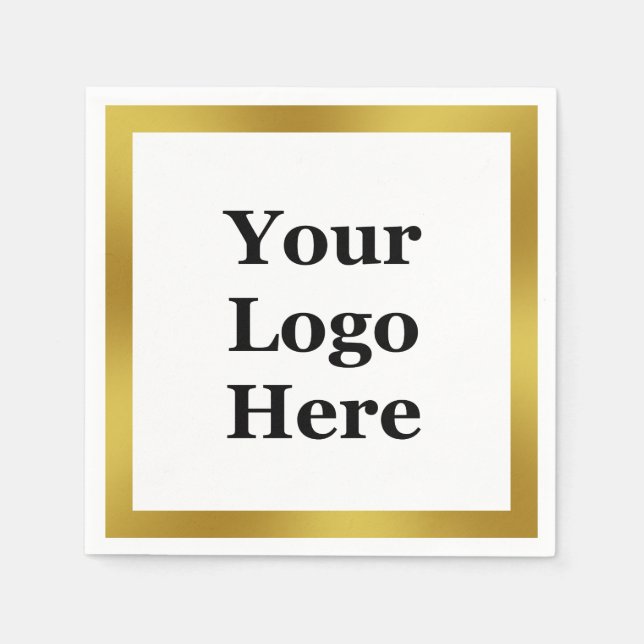 Elegant White and Faux Gold Your Logo Here Napkin (Front)
