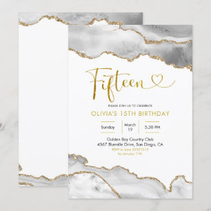 Elegant White and Gold Agate Fifteen Birthday Invitation