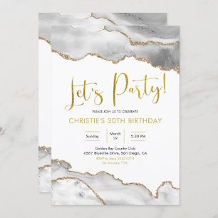 Elegant White and Gold Agate Let's Party Invitatio Invitation