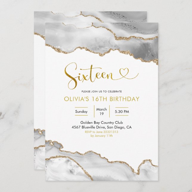 Elegant White and Gold Agate Sixteen Birthday Invitation (Front/Back)