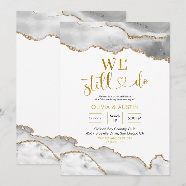 Elegant White and Gold Agate Wedding Anniversary Invitation (Front/Back)