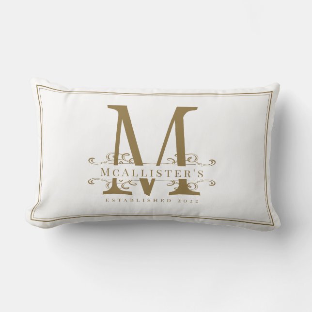 Elegant White and Gold Family Monogram Establish Lumbar Cushion (Front)