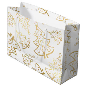 Elegant White and Gold Faux Foil Christmas Tree Large Gift Bag
