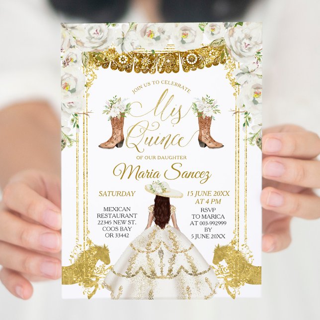 Elegant White and Gold Floral Charra Mis Quince In Invitation (Creator Uploaded)