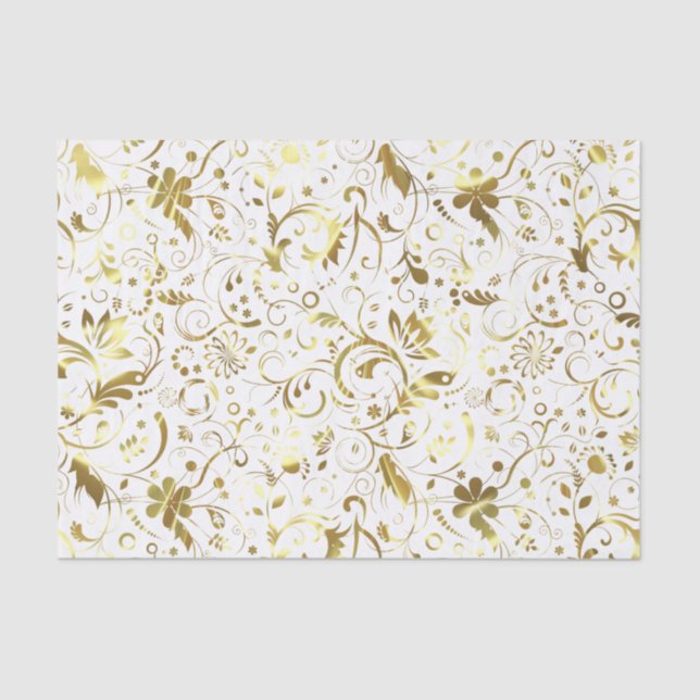 Elegant White And Gold Floral Damasks Tissue Paper (Front)