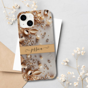 Elegant White and Gold Floral Glitter Gemstones iPhone 14 Case