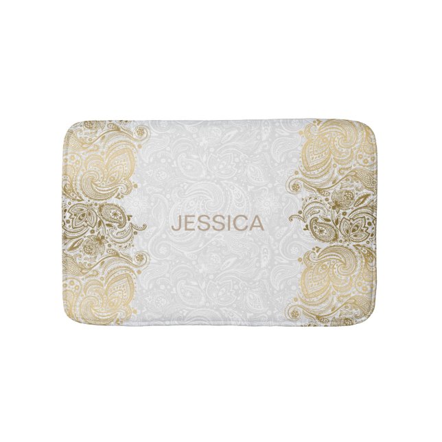 Elegant White And Gold Floral Paisley Lace Bath Mat (Front)