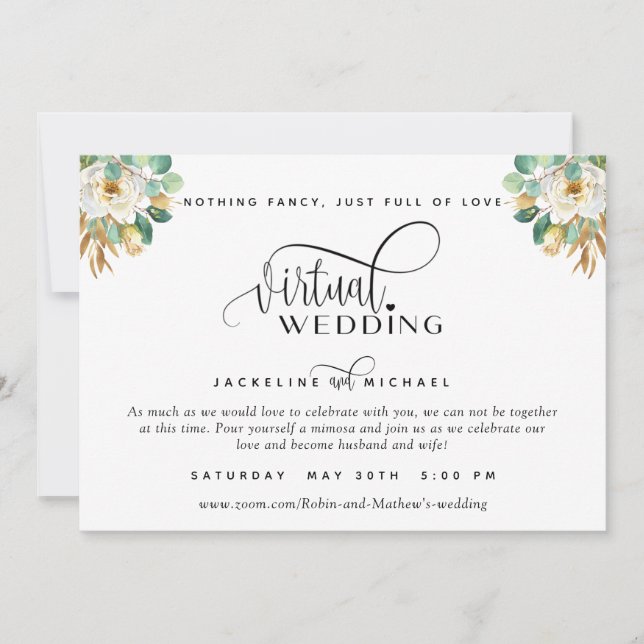 Elegant White and Gold Floral Virtual Wedding Invi Invitation (Front)
