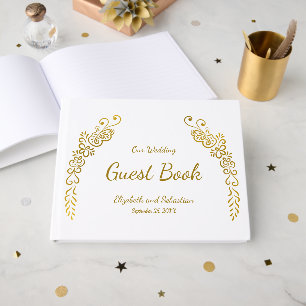 Elegant White and Gold Flourish Photo Wedding Guest Book