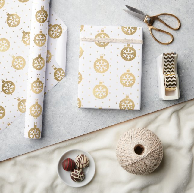 Elegant White and Gold Foil Christmas Baubles Wrapping Paper (Crafts)
