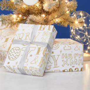 Elegant White and Gold Foil Christmas Word Art Wrapping Paper