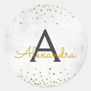 Elegant White and Gold Foil Confetti Monogram Classic Round Sticker