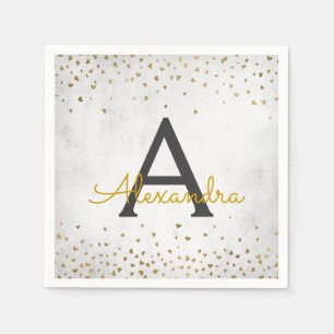 Elegant White and Gold Foil Confetti Monogram Napkin
