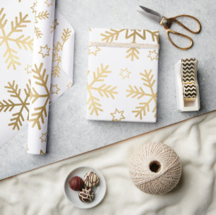 Elegant White and Gold Foil Snowflakes Christmas Wrapping Paper