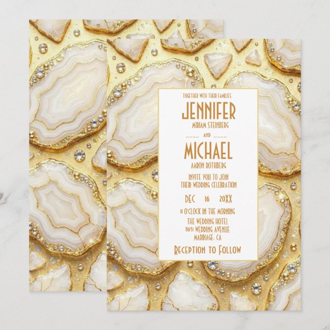 Elegant White and Gold Geode Wedding Invitations (Front/Back)