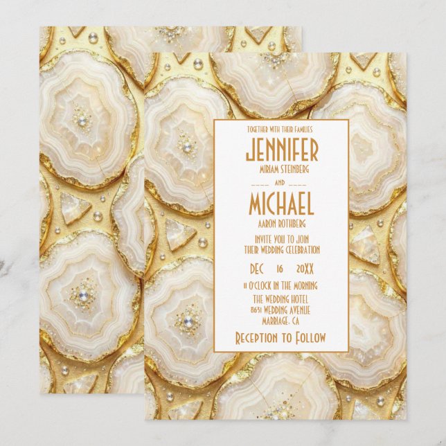 Elegant White and Gold Geode Wedding Invitations (Front/Back)