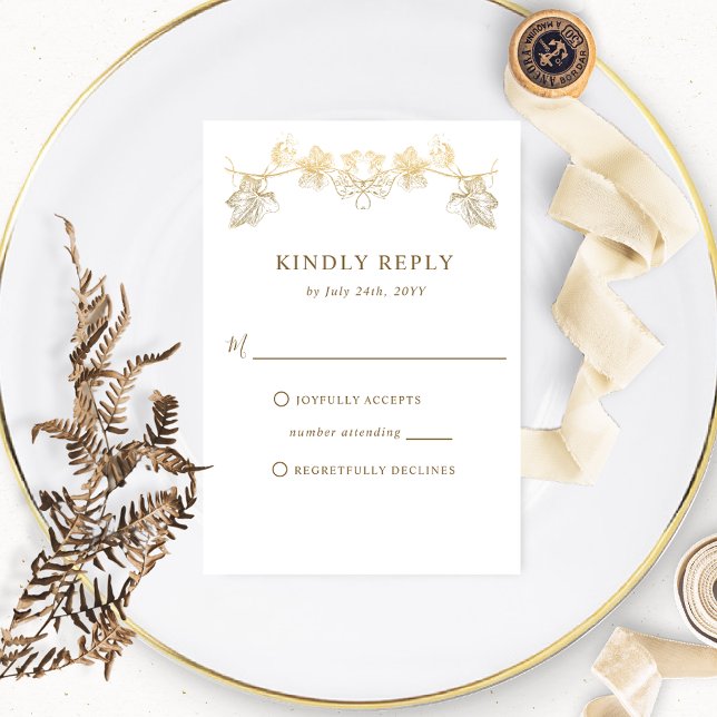 Elegant White and Gold Gilded Leaves, Wedding RSVP (Creator Uploaded)