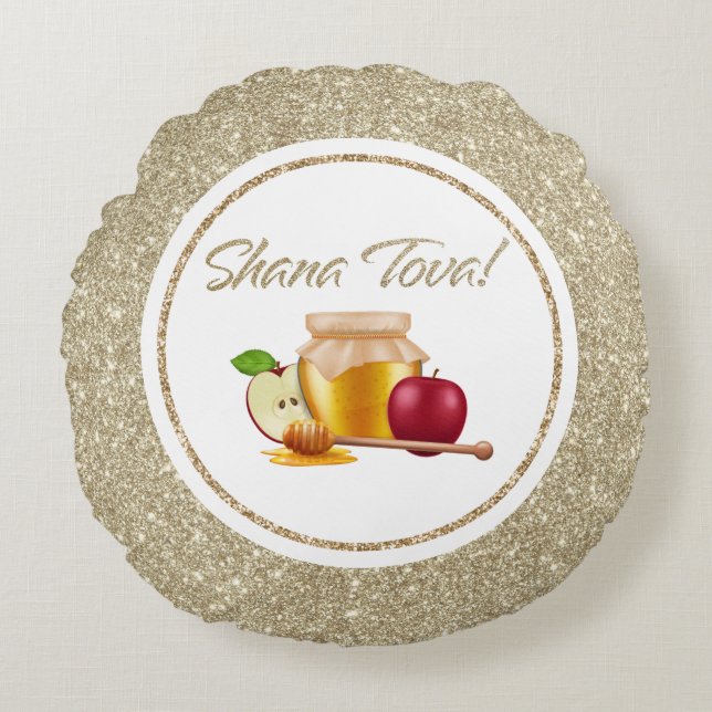Elegant White and Gold Glitter Rosh Hashanah Round Cushion (Front)