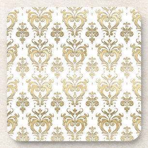 Elegant White and Gold Hearts Valentine's Damask Coaster