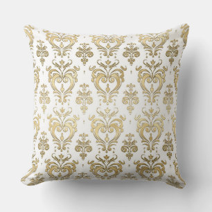 Elegant White and Gold Hearts Valentine's Damask Cushion
