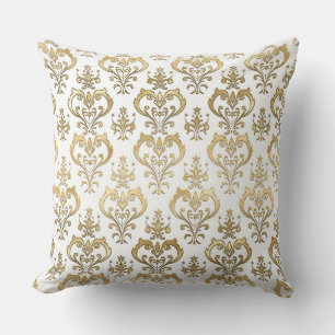 Elegant White and Gold Hearts Valentine's Damask Cushion