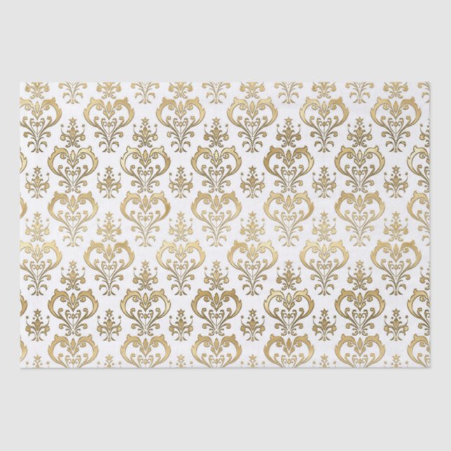 Elegant White and Gold Hearts Valentine's Damask Tissue Paper (Front)
