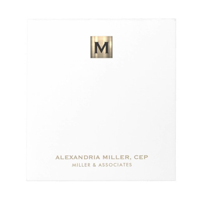 Elegant White and Gold Initial Logo Notepad (Front)
