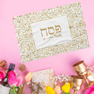 Elegant White and Gold Jewish Passover Tea Towel