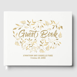 Elegant White and Gold Leaves Boho Glam Wedding Guest Book