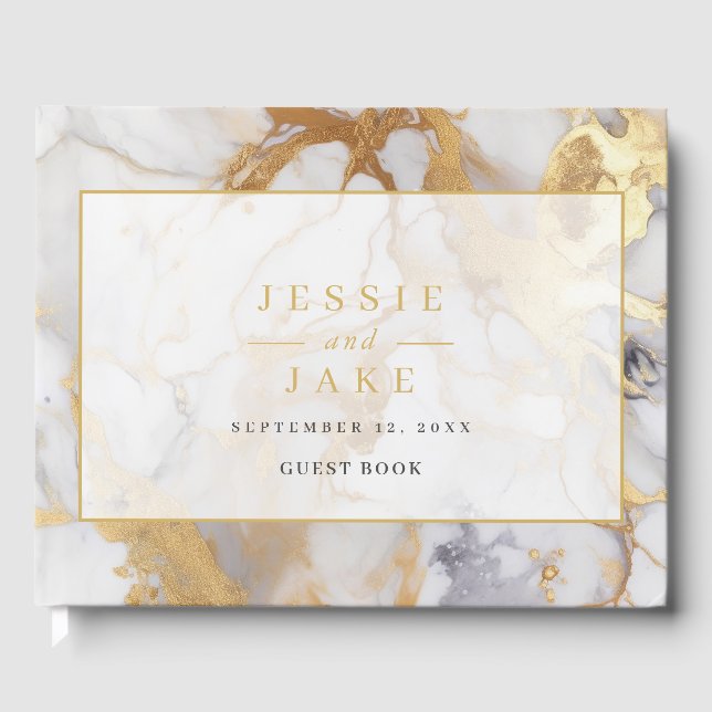Elegant white and Gold Marble Wedding Guest Book (Front)