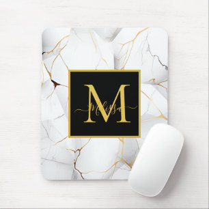 Elegant White and Gold Marbled Monogram Mouse Mat