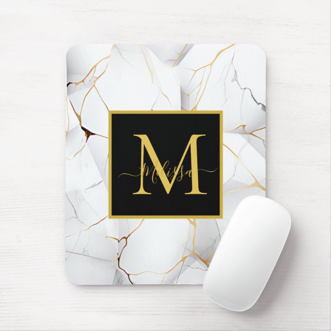 Elegant White and Gold Marbled Monogram Mouse Mat (With Mouse)