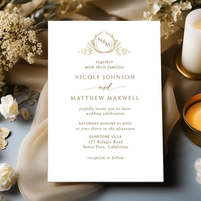 Elegant White and Gold Monogram Wedding Invitation (Creator Uploaded)