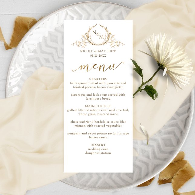 Elegant White and Gold Monogram Wedding Menu (Creator Uploaded)