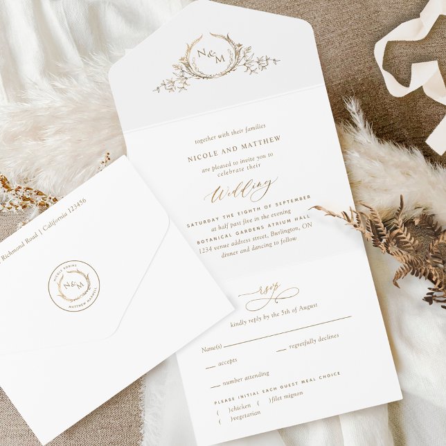 Elegant White and Gold Monogram Wedding with RSVP All In One Invitation (Creator Uploaded)